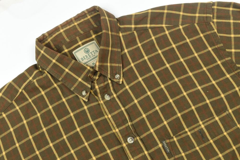 Beretta Flannel Shirt Mens XL Brown Beige Plaid Long Sleeve Button-Down Cotton
